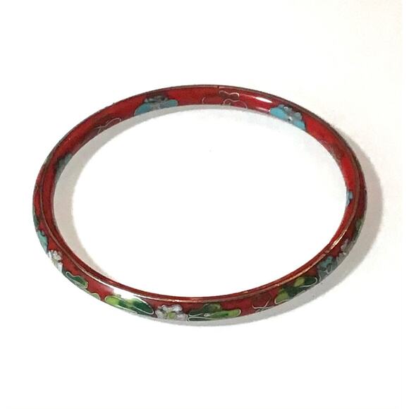 Vintage Cloisonné Bangle Bracelet 7.5" Red Silver Blue Pink Green Ladies Jewelry - Picture 3 of 3